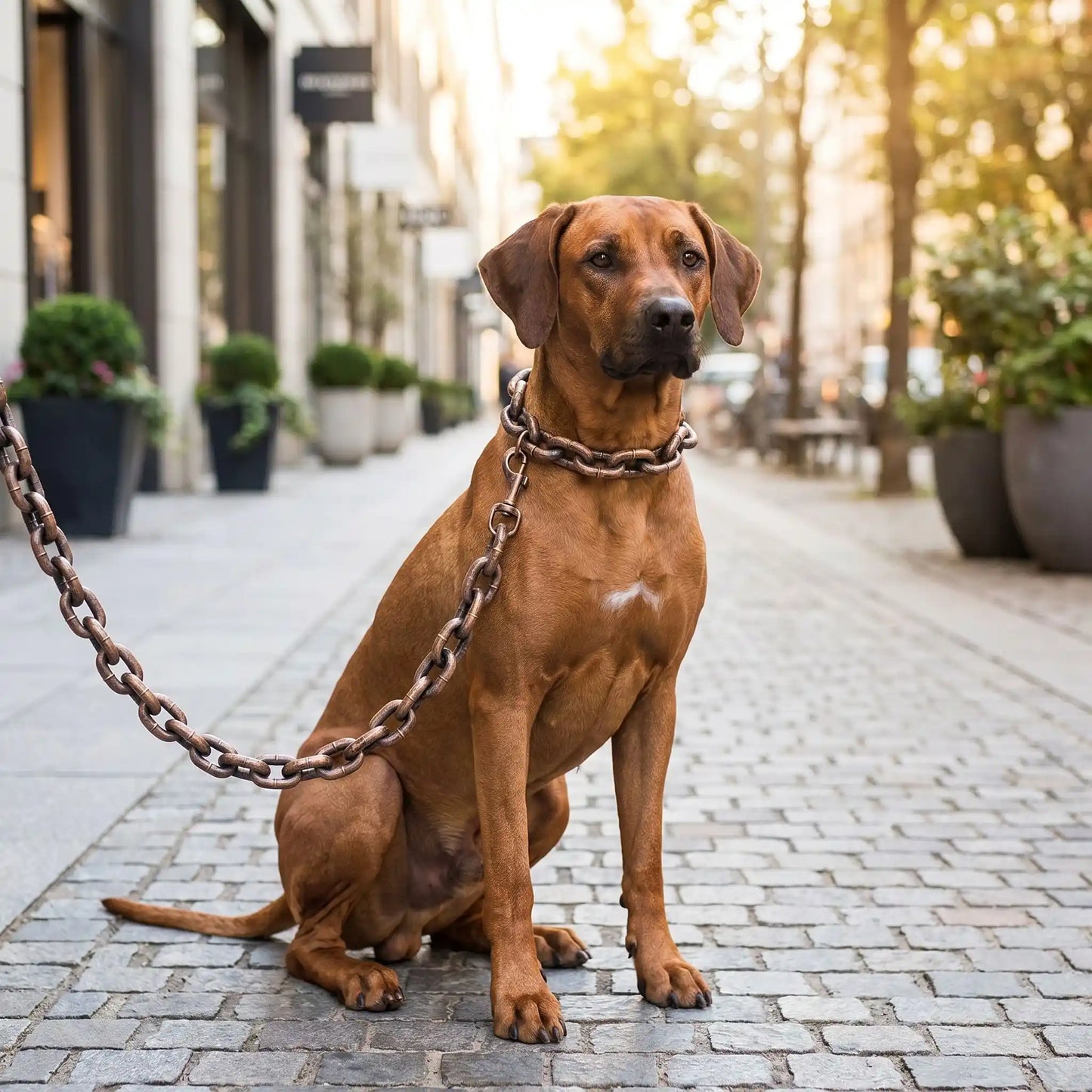 Chien en laisse chien Bling bronze dans la rue