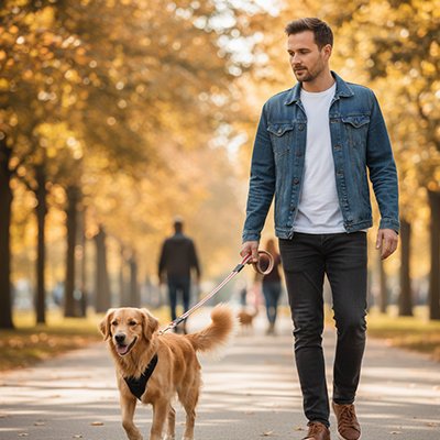 Chien en forĂȘt en laisse pour chien rouge avec son maitre