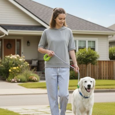 Chien en laisse pour Chien Anneau confort vert devant sa maison avec sa maitresse
