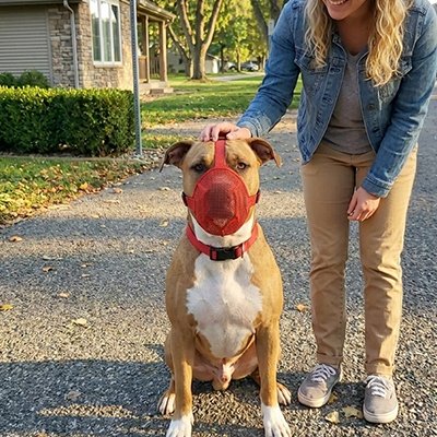 Chien en muselière pour chien Douce et Sécurisée Rouge assis avec sa maitresse