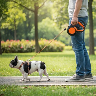 Chien marchant en laisse enrouleur pour chien Rétractable Automatique orange avec son maitre