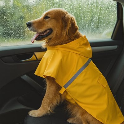Chien regardant la pluie en voiture avec imperméable pour chien Ciré fluo