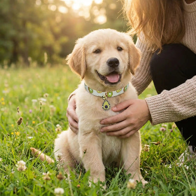 chiot avec son collier chiot Vitamine blanc assis dans l'herbe avec sa maitresse
