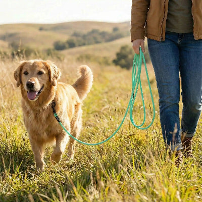Chien a la campagne en balade en longe chien Cani Lien verte avec son maitre