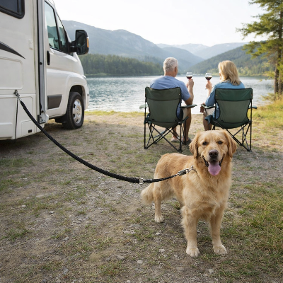 Chien attaché au camping car en longe chien Exploreur Noir avec ses maitres à coté