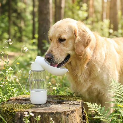 Chien buvant dans une gourde chien Rando soif blanc en forêt