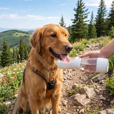 Chien buvant dans une gourde chien Rando soif blanc en randonnée