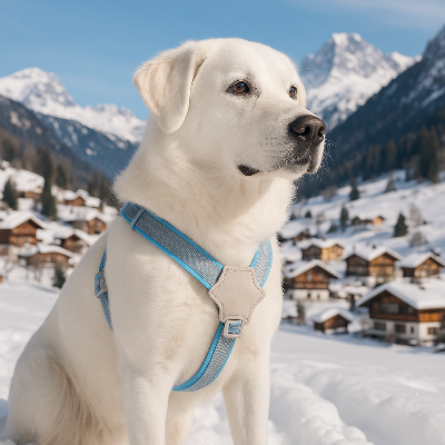 Chien dans la neige avec harnais pour canicross Fuji bleu