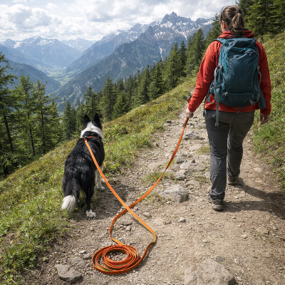 Chien en balade en longe pour chien Active Door orange avec sa mairesse sur un sentier