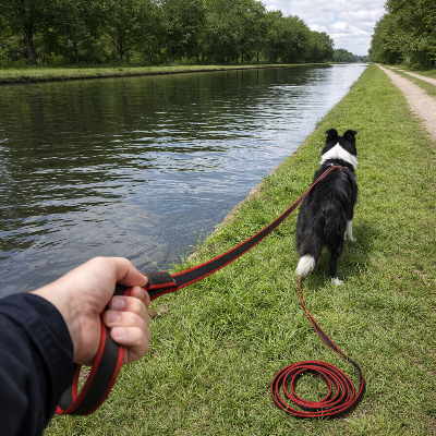 Chien en balade en longe pour chien Active Door rouge avec son maitre le long du canal