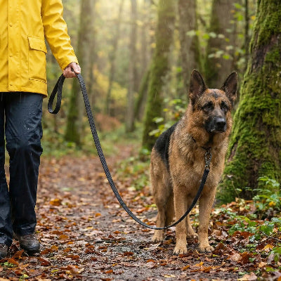 Chien en balade  en longe pour chien Imperméable noir avec son  maitre dans les bois
