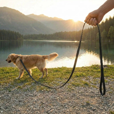 Chien en balade  en longe pour chien Imperméable noir avec son maitre au bord du lac