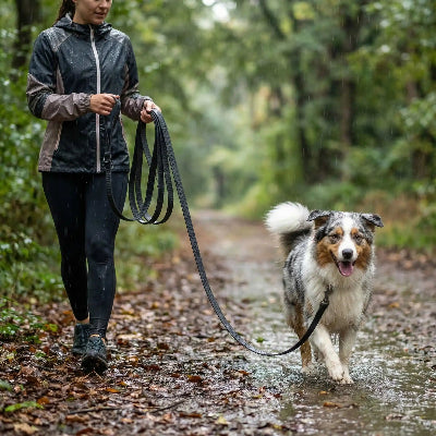 Chien en balade  en longe pour chien Impermeable noir avec sa maitresse en forêt