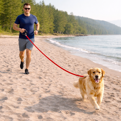 Chien en longe chien Explorateur Rouge sur la plage avec son maitre