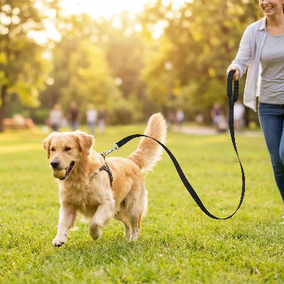 Chien en longe chien Explorateur noir au parc avec sa maitresse 