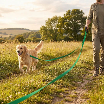Chien en longe chien Explorateur verte à la campagne avec son maitre