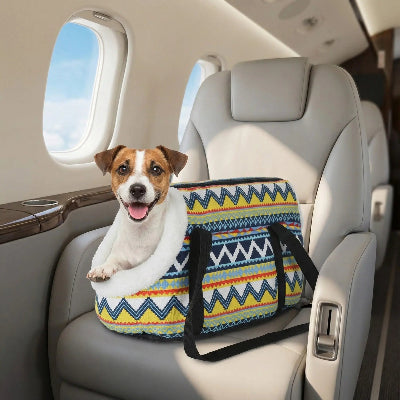 Chien heureux en avion dans son sac de transport pour chien Voyage confort