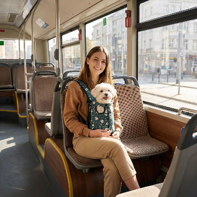 Femme dans le bus avec son chien dans sac à dos chien Pet Voyage bleu