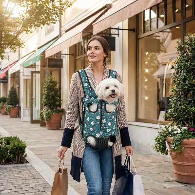 Femme faisant du shopping avec son chien-dans sac à dos chien Pet Voyage bleu