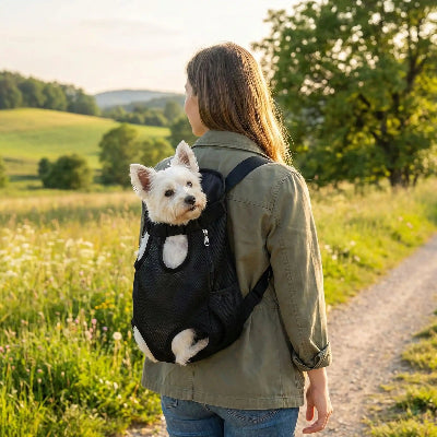 Femme se promenant avec son chien dans sac à dos chien Voyageur confort noir