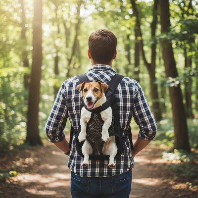 Homme en forêt avec son chien dans sac à dos chien Voyageur Confort noir