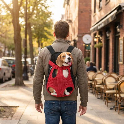 Homme en ville avec son chien dans sac  à dos chien Voyageur Confort rouge