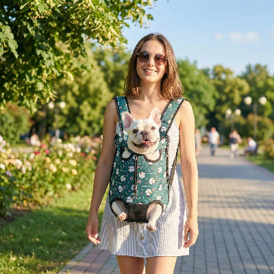 Jeune fille avec son chien dans sac à  dos chien Pet Voyage bleu