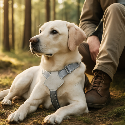 Labrador couché en forêt avec harnais pour canicross fuji noir