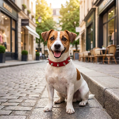 Petit chien en collier pour chien Petit Rebelle rouge dans la rue 