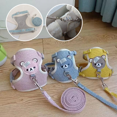 Trois harnais pour petit chien rose bleu jaune et encart
