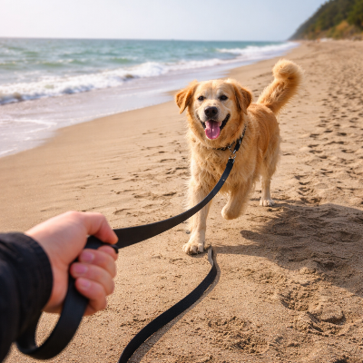 chien à la plage en longe chien Larga noir