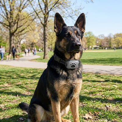 Chien assis au parc en collier chien de dressage Dressage Canin gris