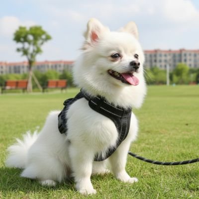Chien assis au parc en harnais chien confort Balade élégance noir