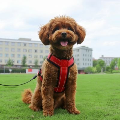 Chien assis au parc en harnais chien confort Balade élégance rouge