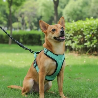 Chien assis au parc en harnais chien confort Balade élégance vert