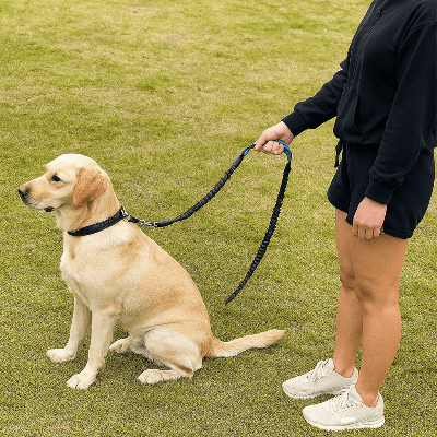 chien assis au parc en laisse canicross