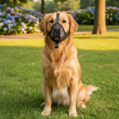 Chien assis  au parc en muselière Filet 