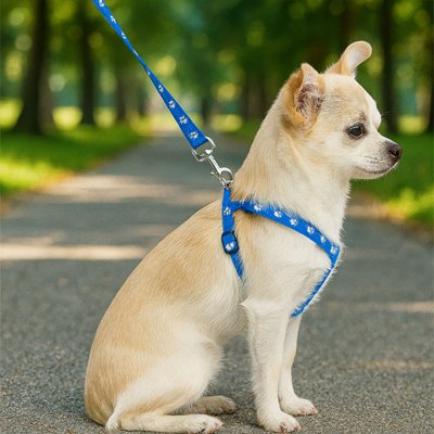 chien assis avec canicross harnais Balade bleu