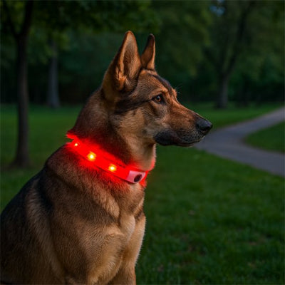 chien assis avec collier lumineux chien rouge