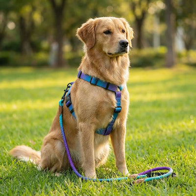 chien assis avec harnais chien confort prémium bleu au parc