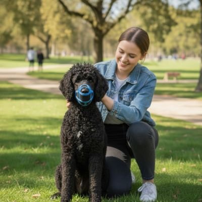 Chien assis avec muselière pour chien​ Museau Doux Bleu avec sa maitresse