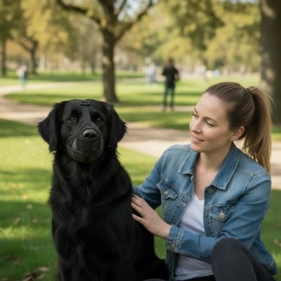 Chien assis avec muselière pour chien​ Museau Doux Noir avec sa maitresse