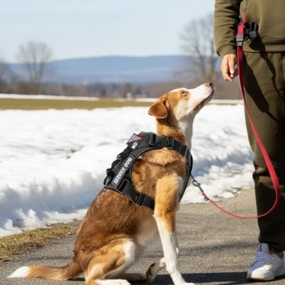 Chien assis avec son maitre avec harnais pour porter un chien Compagnon urbain noir