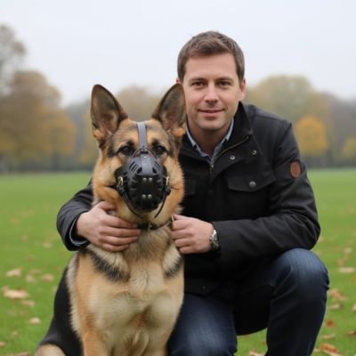 chien assis avec son maitre en muselière AeroSecur noir