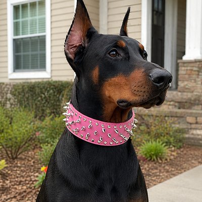 Chien assis avec un collier chien Armure Canine rose