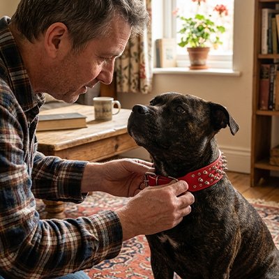 Chien assis avec un collier chien Armure Canine rouge avec son maitre