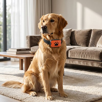 Chien assis dans le salon  en collier chien de dressage Dressage Canin orange