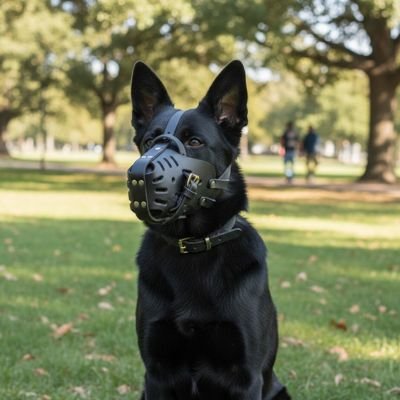 chien assis dans l'herbe en muselière AeroSecur noir