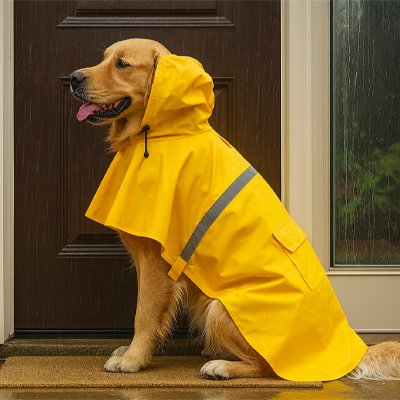 Chien assis devant une porte avec imperméable pour chien ​Ciré fluo