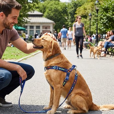 Chien assis en harnais chien Toutou Sport Bleu avec son maitre